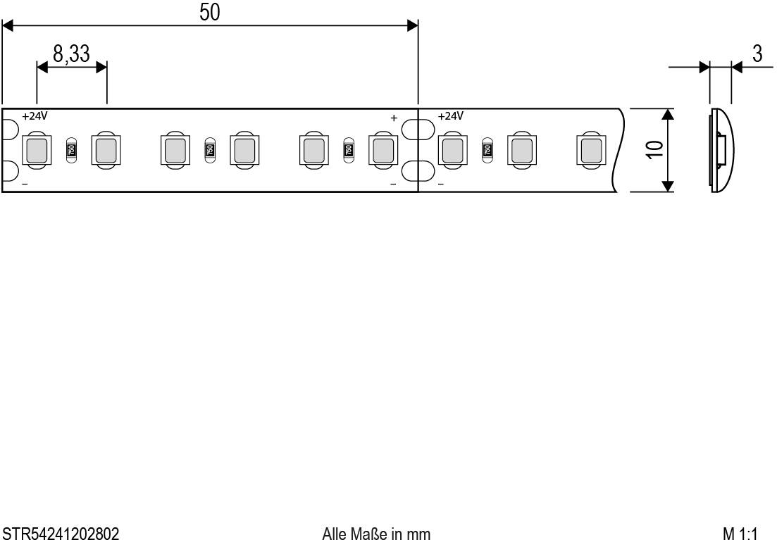 Lineare LED-Leiste mit Maßen: Länge 50 mm, Höhe 10 mm, Breite 3 mm. Abstand zwischen LEDs 8,33 mm. Spannung: '+24V'. 'Alle Maße in mm'.