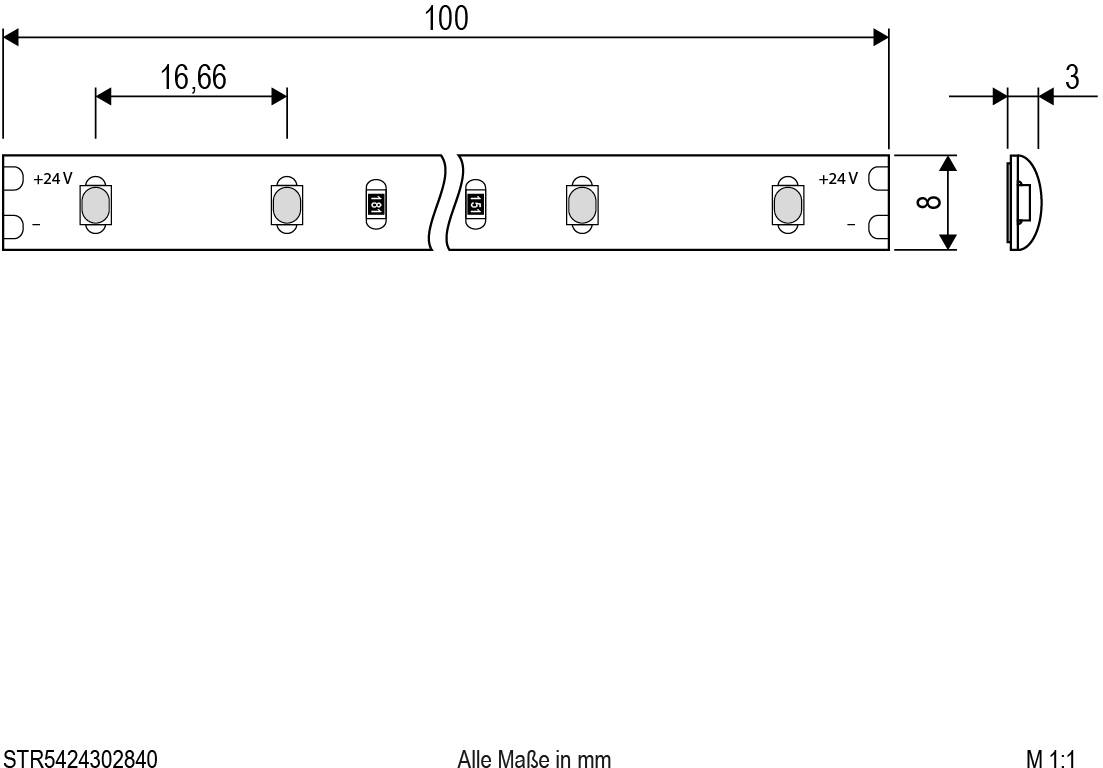 Technische Zeichnung einer LED-Leiste mit Maßen: 100 mm Länge, 8 mm Breite. Positionen für Anschlüsse bei +24V markiert.