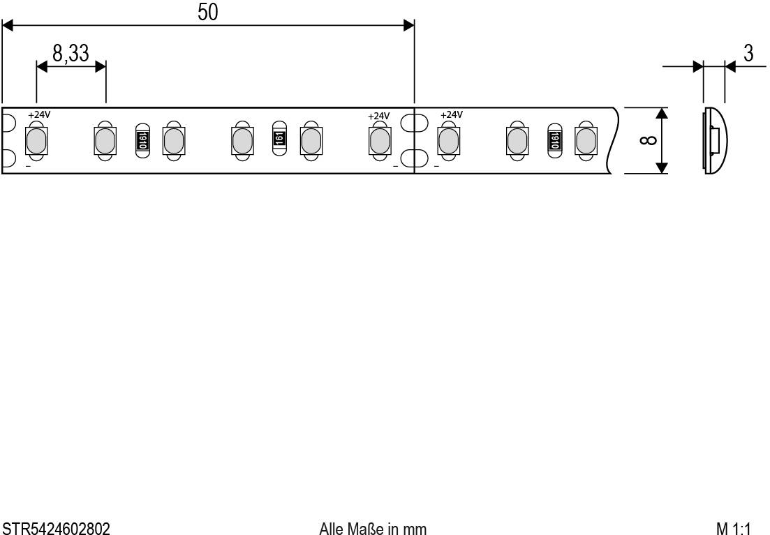 Technische Zeichnung zeigt eine Reihe von zehn Tastern mit Angaben zu Spannungen von '+24V'. Maße: 50 mm Breite, 8 mm Höhe.