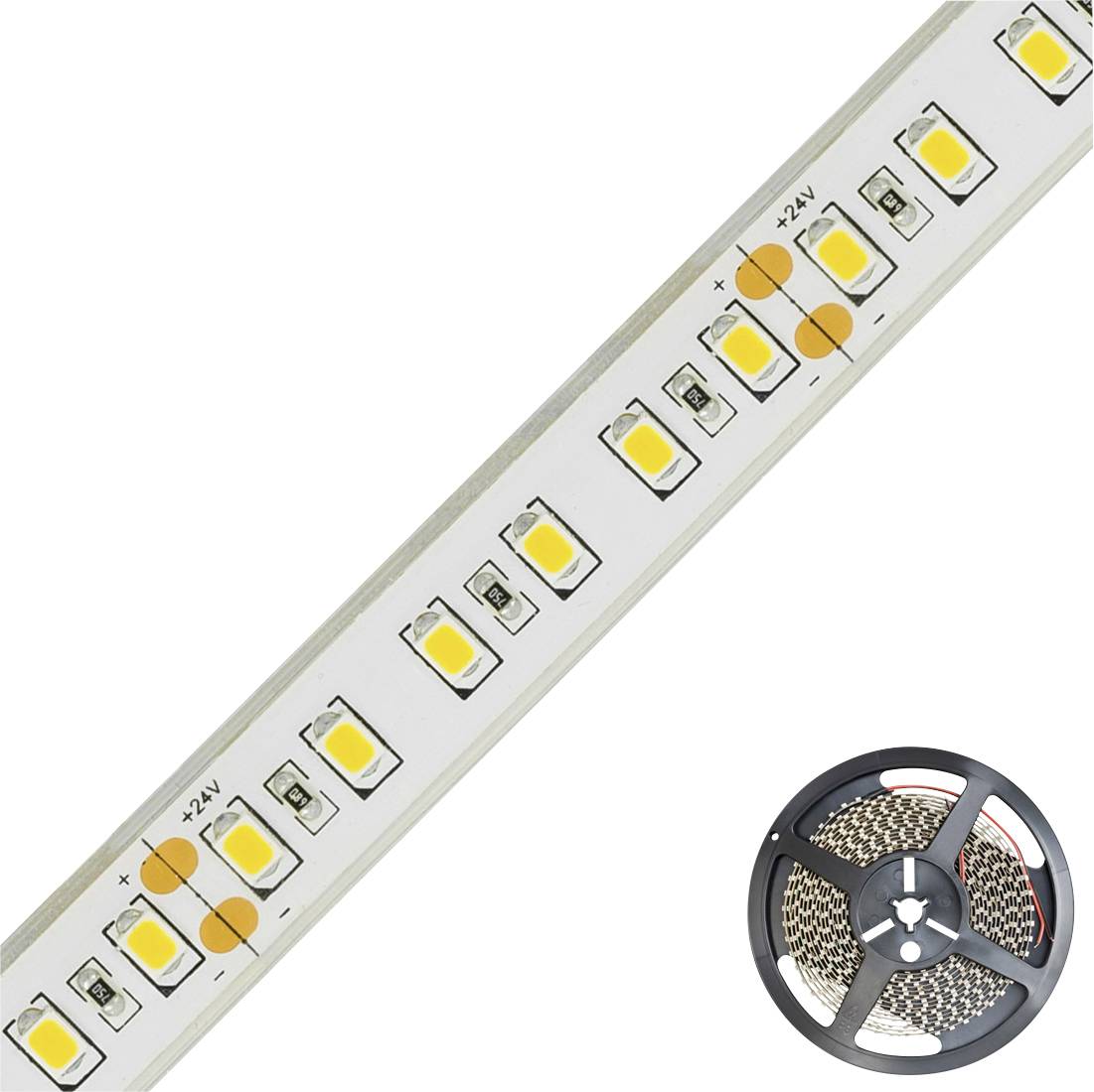 LED-Streifen mit gelben LEDs und Plus-/Minus-Markierungen. Unten rechts ist eine aufgerollte LED-Streifenrolle zu sehen.