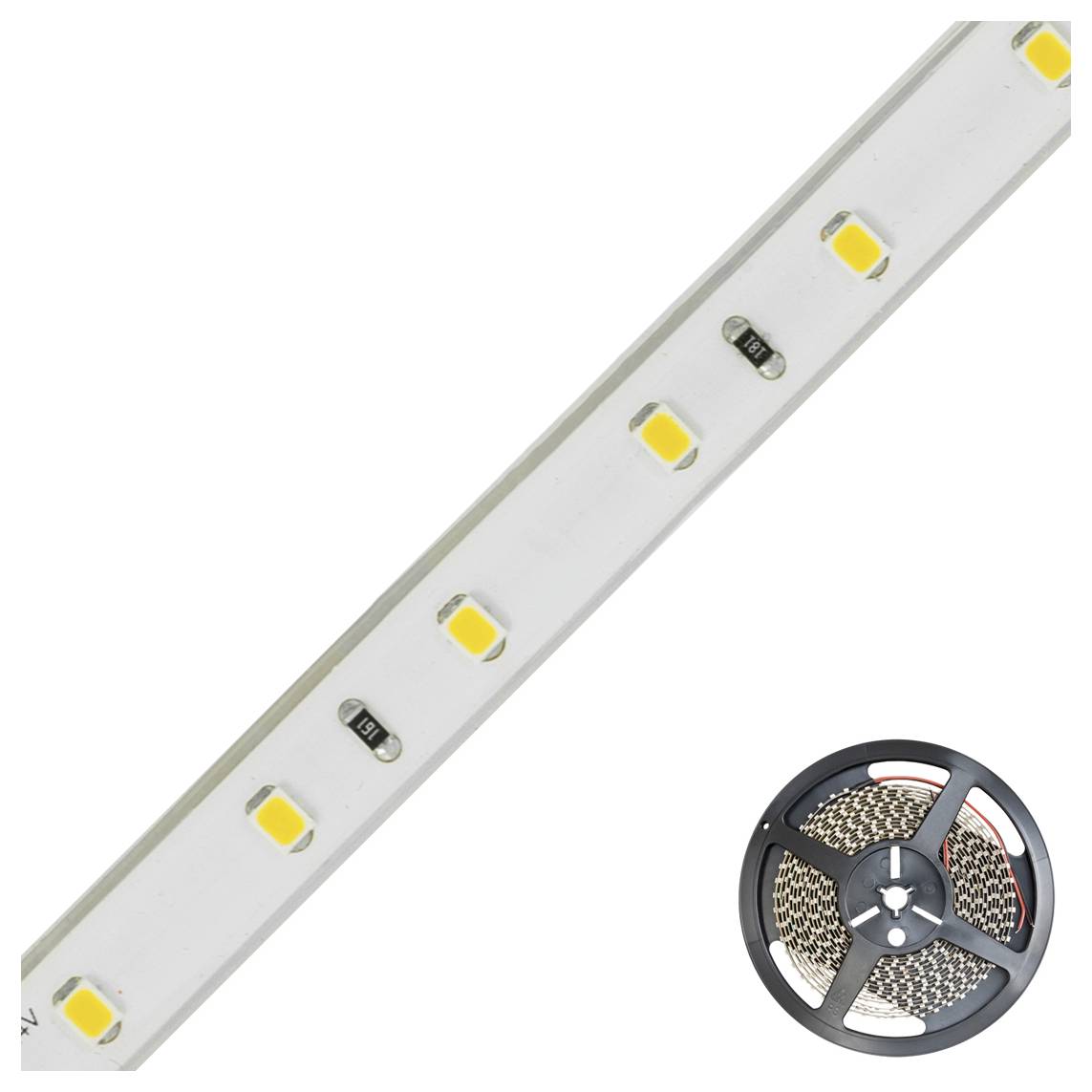 LED-Lichtstreifen mit einer Rolle flexibles LED-Band, diagonal auf weißem Hintergrund dargestellt.