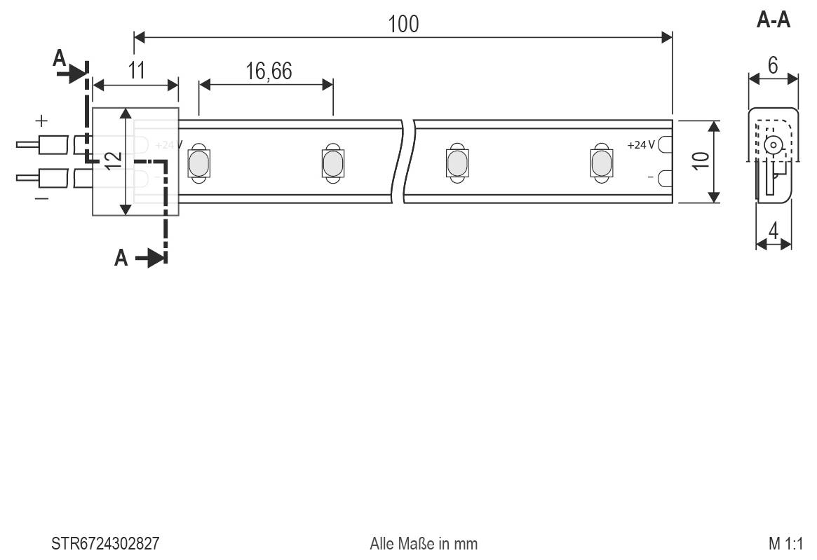 Technische Zeichnung eines LED-Streifenlicht-Abschnitts mit Abmessungen in mm, einschließlich 100 mm Länge, 12 mm Breite, 10 mm Höhe, 24-V-Markierung und A-A-Querschnitt.