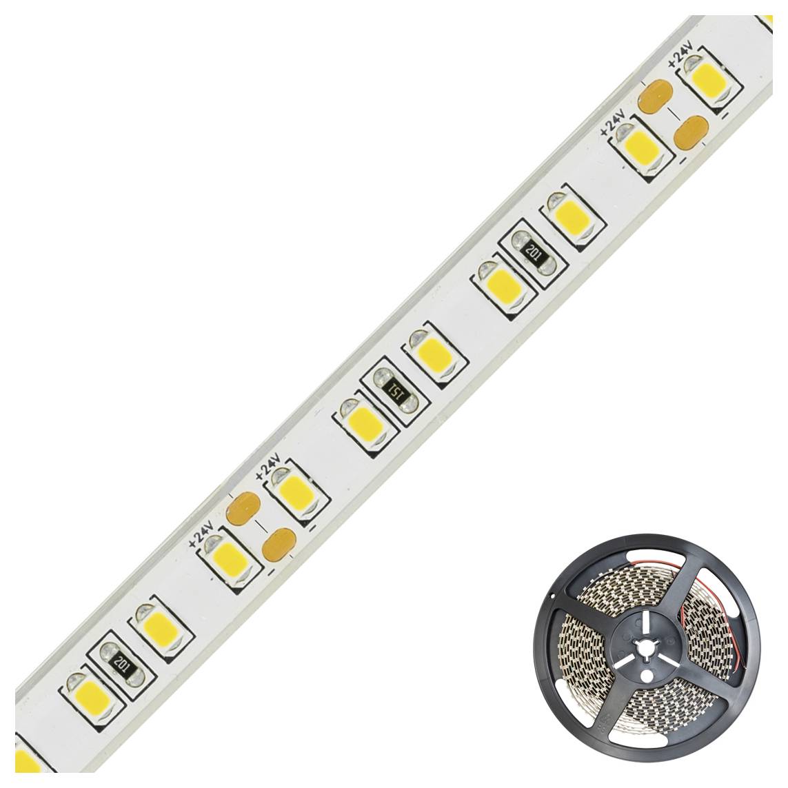 Diagonal angeordnete LED-Streifenleuchte mit sichtbaren gelben Dioden und einer Spule des Streifens in der unteren rechten Ecke.