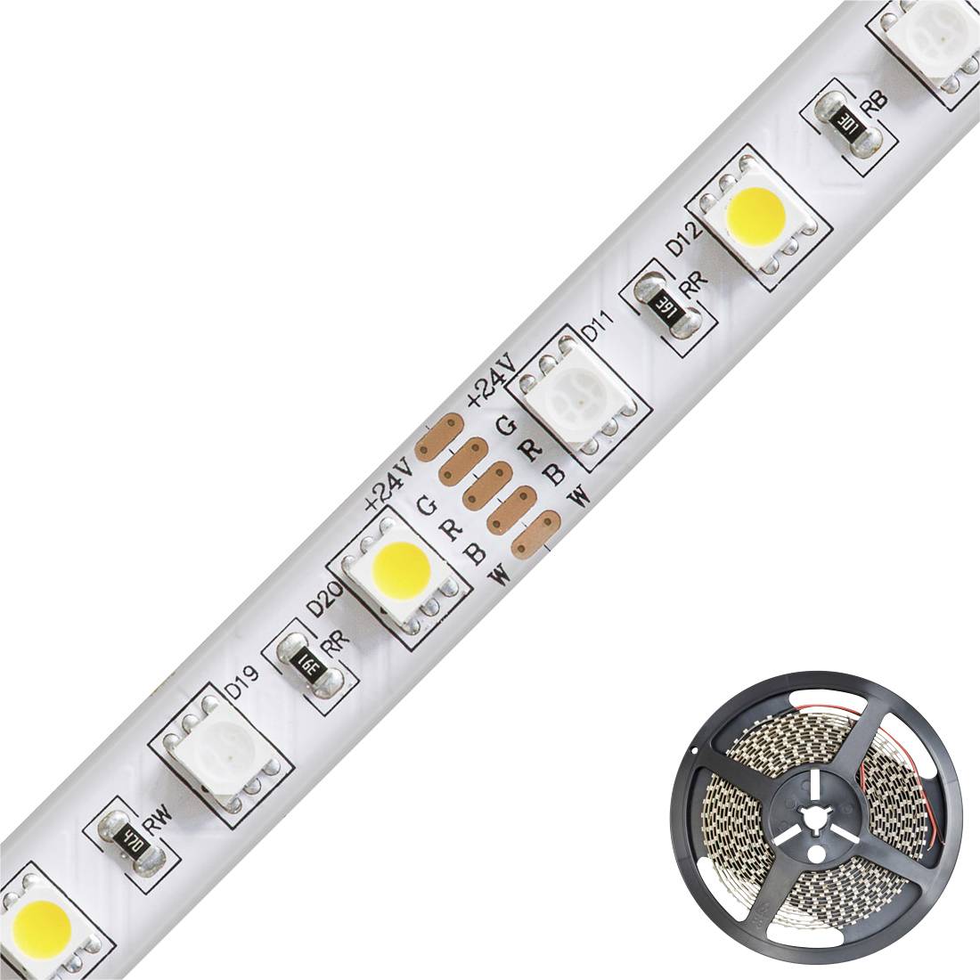 Diagonale LED-Lichtleiste mit farbcodierten Kontakten und eine Rolle mit passenden Streifenlichtern