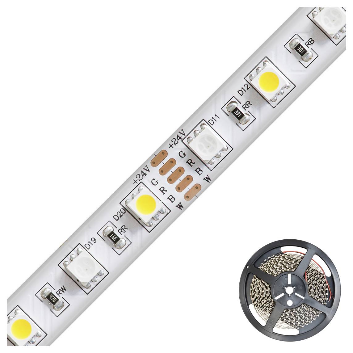 Eine Rolle LED-Lichtstreifen mit Verbindungskontakten und mehreren leuchtenden und nicht leuchtenden Dioden, plus eine kleine Spule des Streifens in der unteren rechten Ecke.