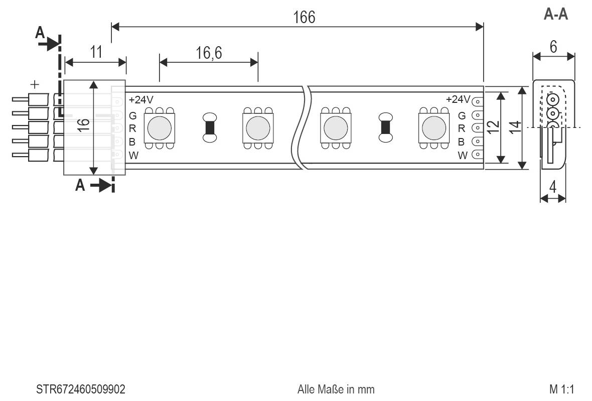 Technische Zeichnung eines LED-Streifenlichtsegments mit Steckverbinder und Querschnitt, mit Abmessungen in Millimetern und +24V-, G-, R-, B-, W-Anschlüssen.