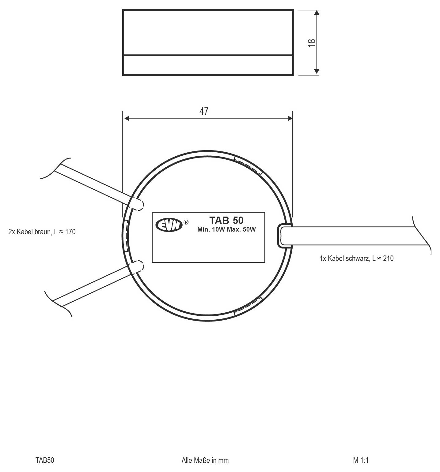 Technische Zeichnung einer EVN TAB 50 Rundleuchte, mit Abmessungen von 47 mm Breite und 18 mm Höhe, mit Kabellängen gekennzeichnet 2x 170 mm und 1x 210 mm.
