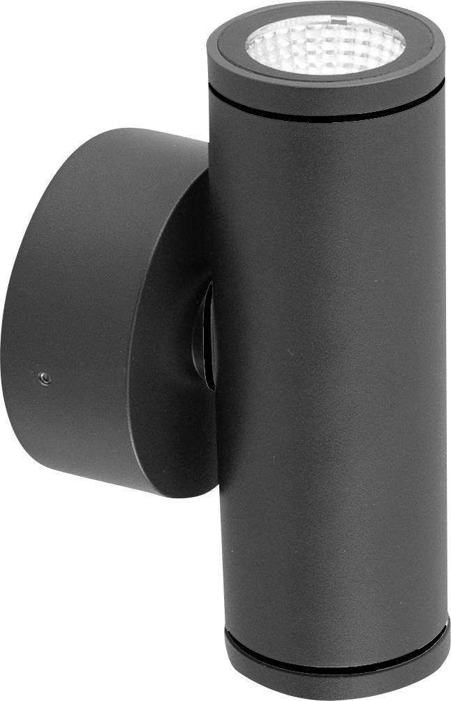 Schwarze zylindrische Außenleuchte mit Wandhalterung und LED-Licht an beiden Enden. Geeignet für moderne Fassadenbeleuchtung.