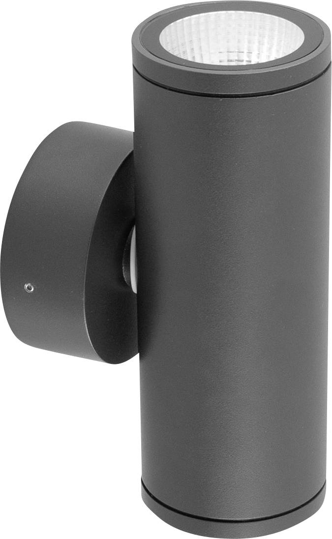 Zylinderförmige, schwarze Außenwandlampe. Oben und unten beleuchtend. Modernes Design, geeignet für Außenbeleuchtung.