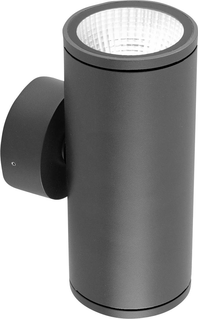 Silberne zylindrische Wandlampe mit Lichtaustritt oben und unten.