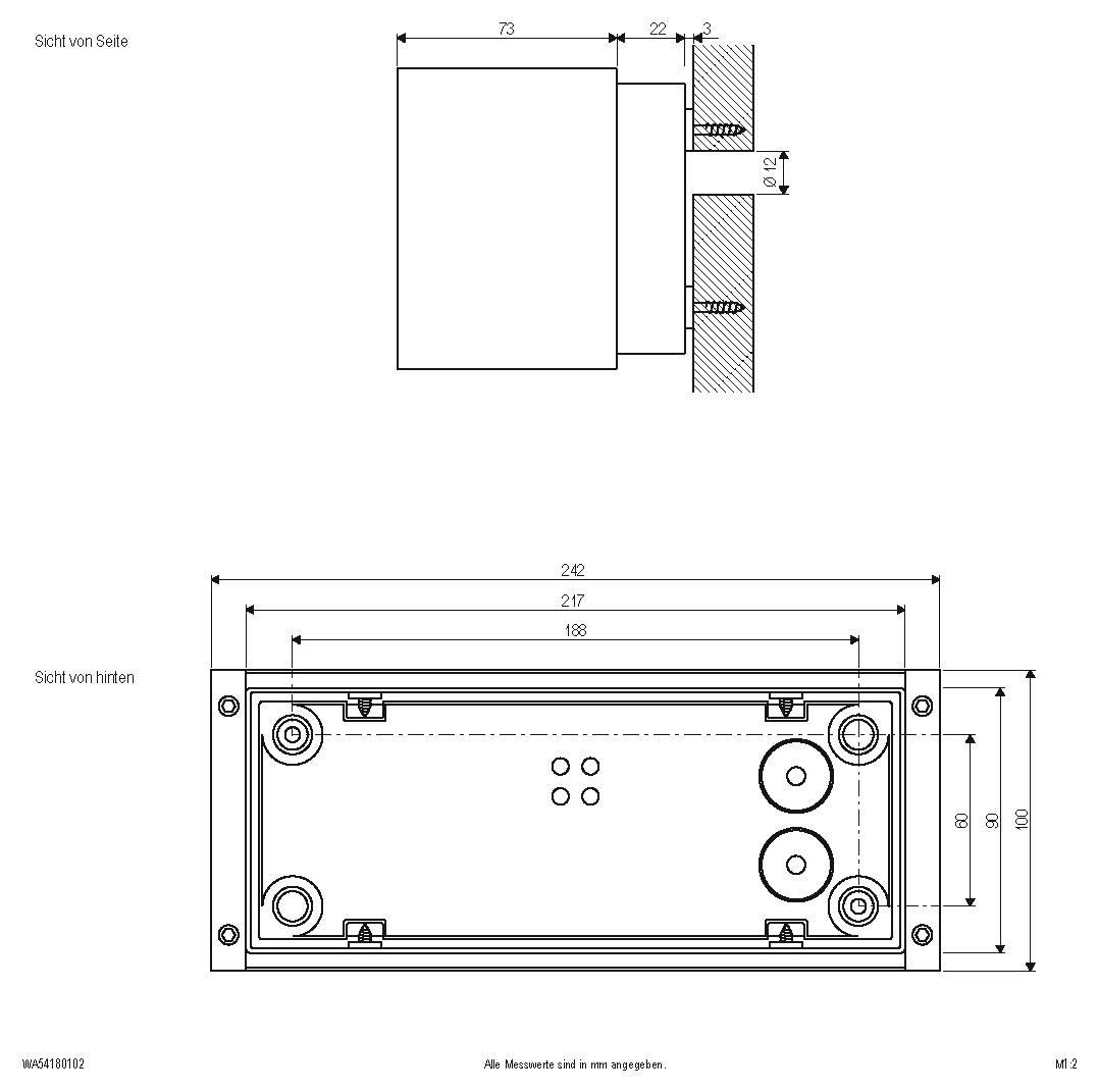Technische Zeichnung eines rechteckigen wandmontierten Geräts, von hinten und von der Seite dargestellt, mit Befestigungslöchern und Abmessungen in Millimetern.