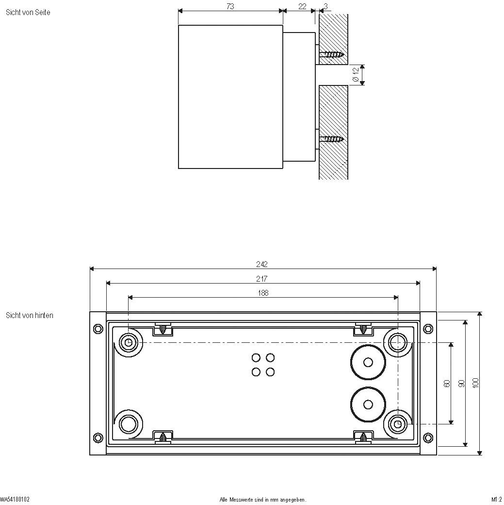 Technische Zeichnung einer rechteckigen Box mit Maßen in Millimetern. Oben die Seitenansicht, unten die Deckenansicht mit Befestigungspunkten.