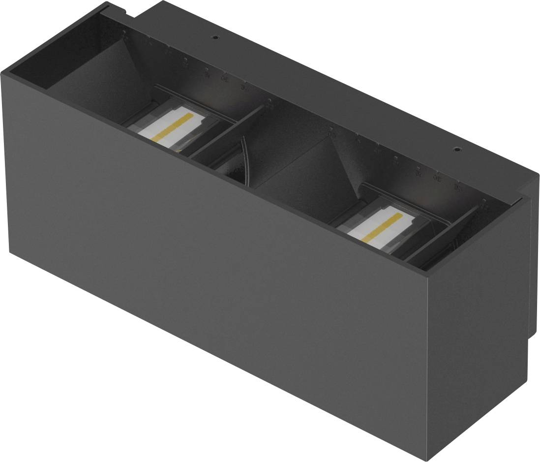 Schwarzes, rechteckiges LED-Einbau-Lichtmodul mit zwei Lichtquellen, geeignet für Wand- oder Deckeneinbau.
