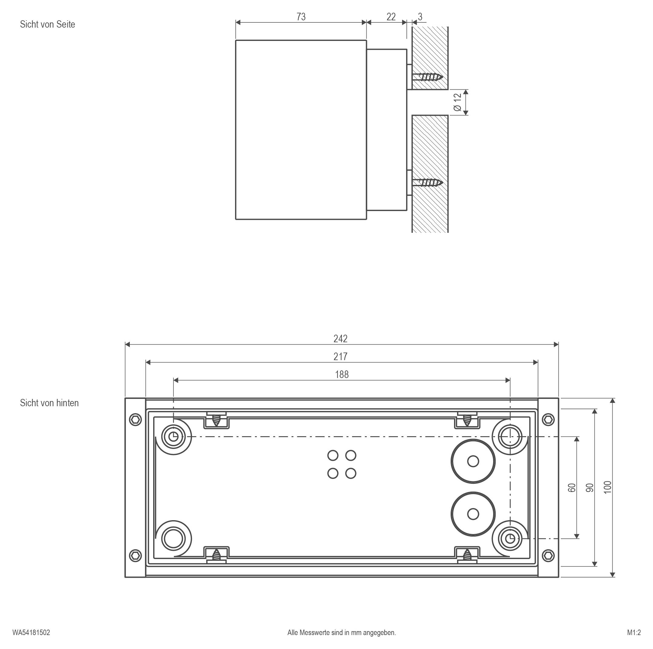 Technische Maßstabzeichnung eines rechteckigen Geräts von der Seite und von hinten dargestellt, mit Befestigungslöchern und Maßangaben in mm.