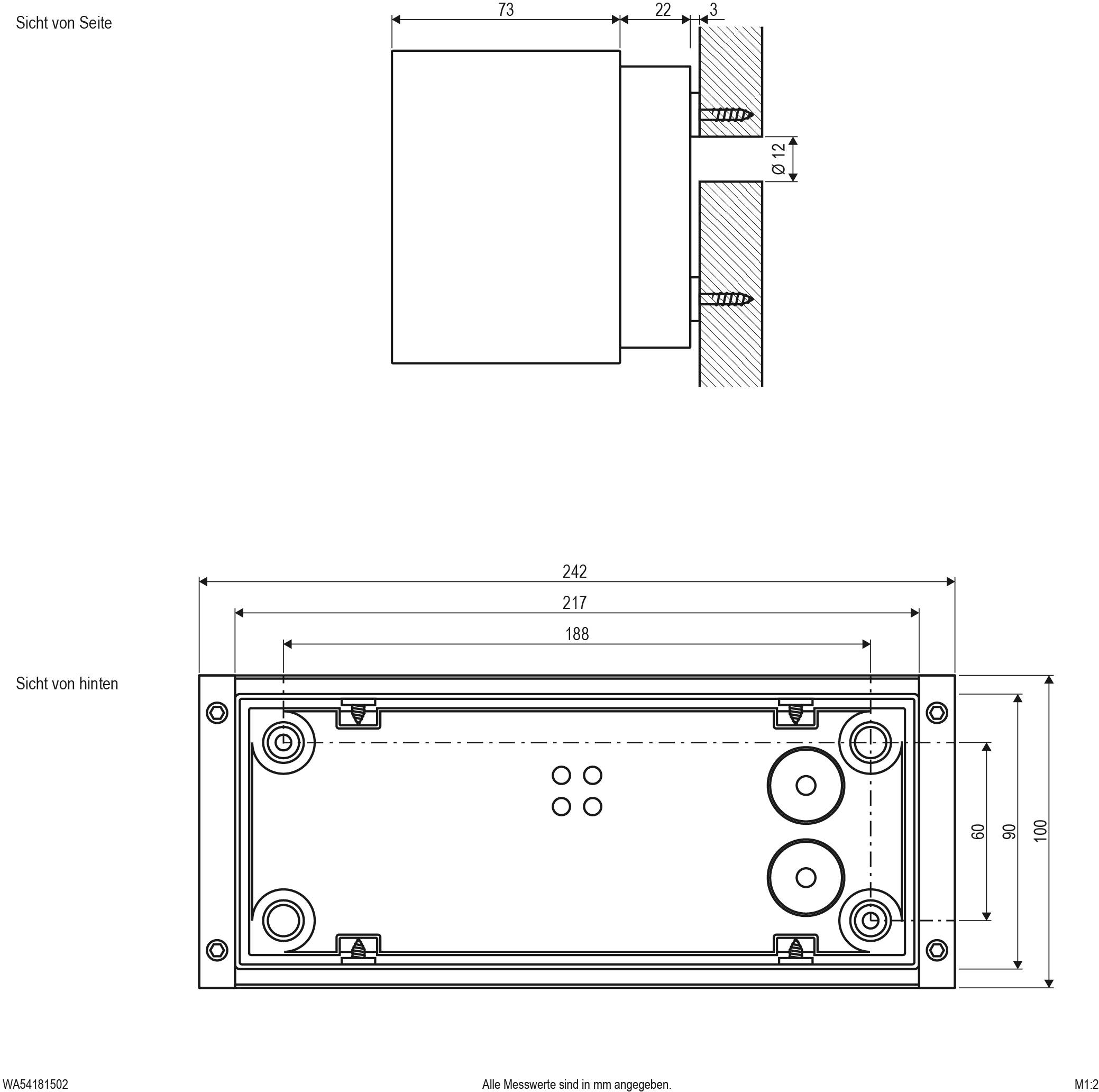 Technische Zeichnung eines rechteckigen Gehäuses mit Maßen und Gewindelochpositionen für die Seiten- und Rückansicht.