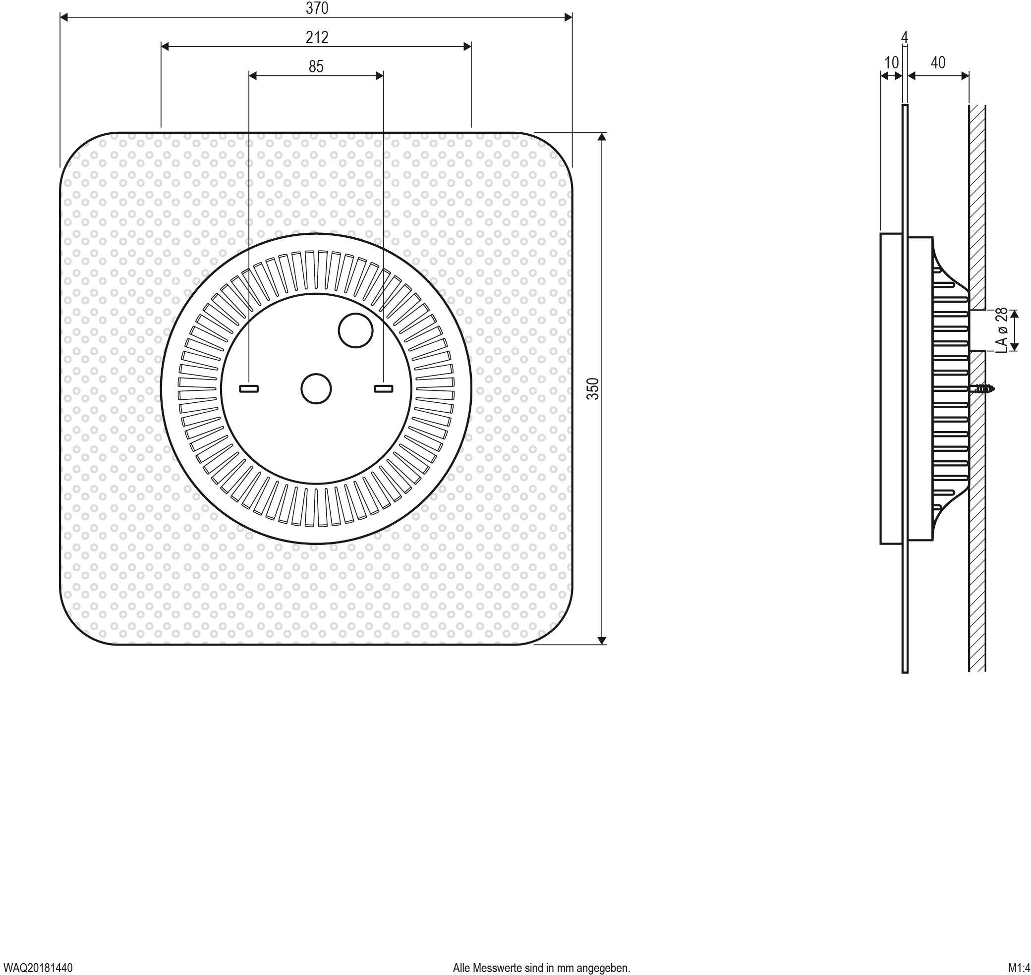 Technische Zeichnung eines runden Belüftungsgebläses mit Abmessungen: Durchmesser 370 mm, Einbautiefe 85 mm. Maße in mm.