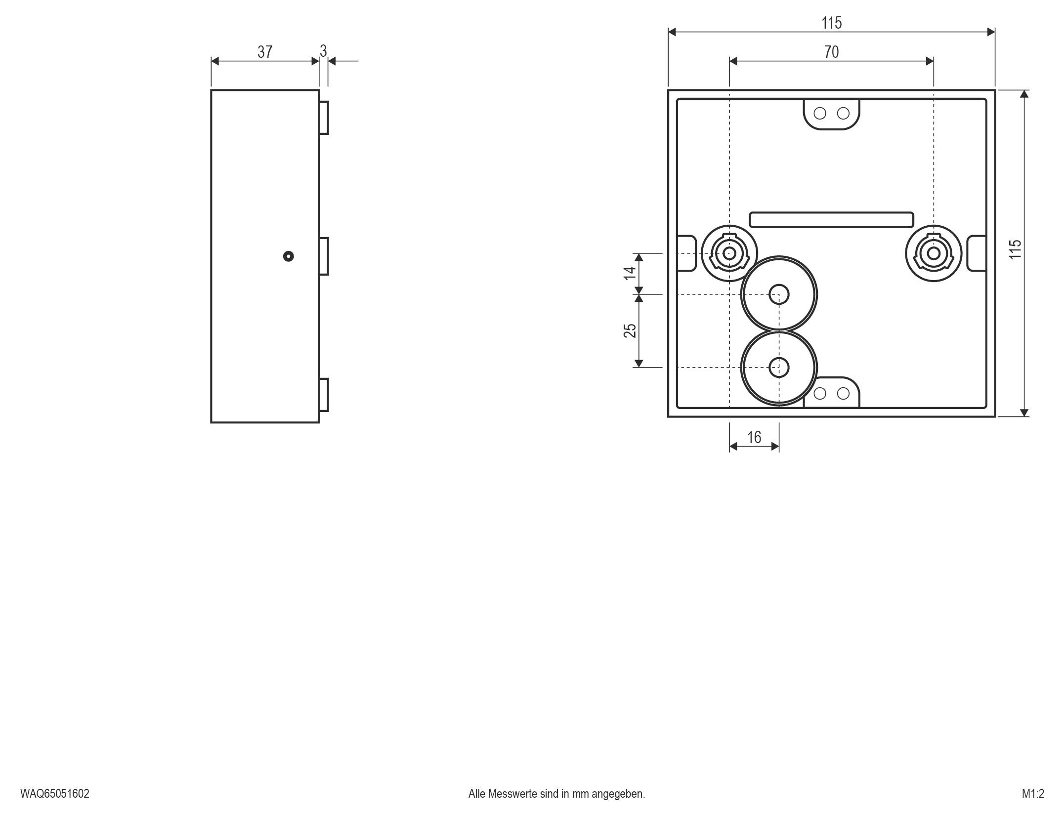 Technische Maßstabszeichnung einer quadratischen Elektrobox mit Seiten- und Frontansicht mit Maßangaben in Millimetern.