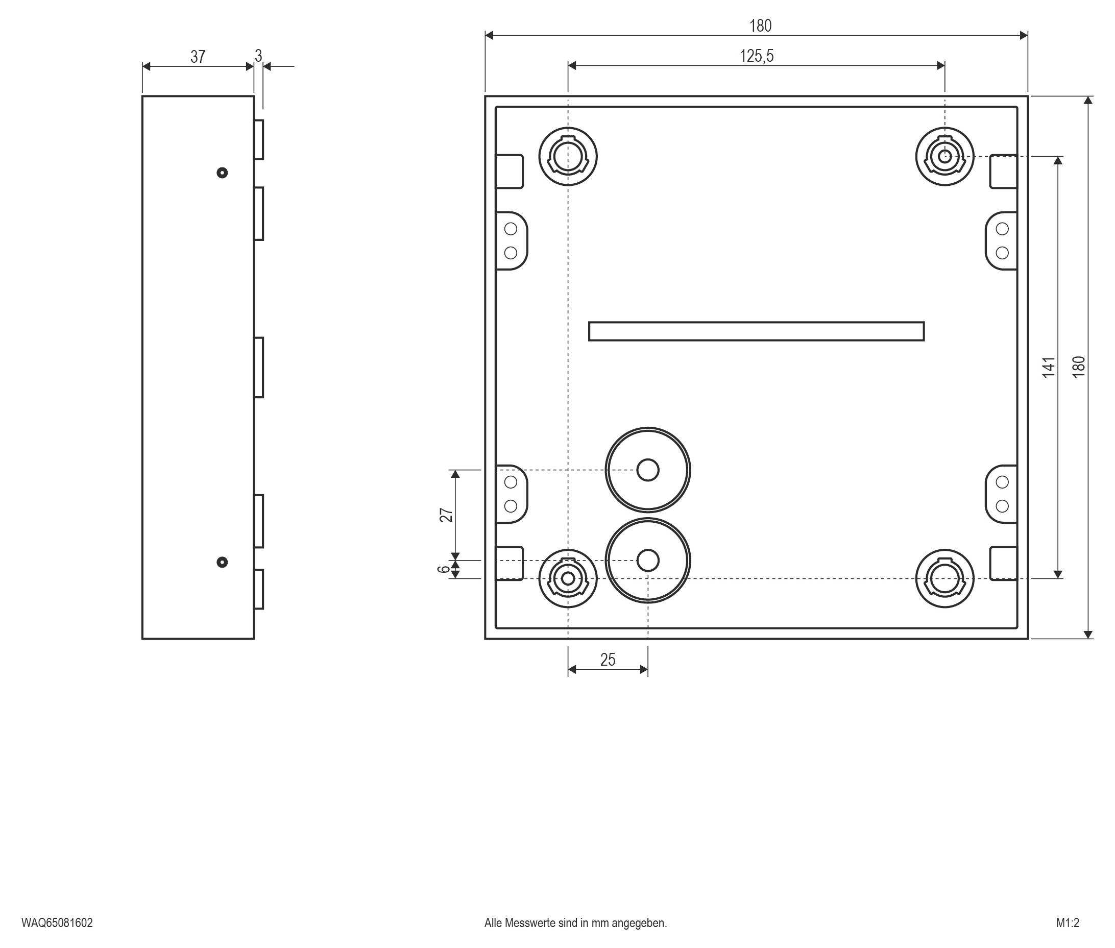 Technische Maßzeichnung eines rechteckigen Elektroschaltkastens mit Vorder- und Seitenansicht, Befestigungslöchern, Ausschnitten und Abmessungen in Millimetern.