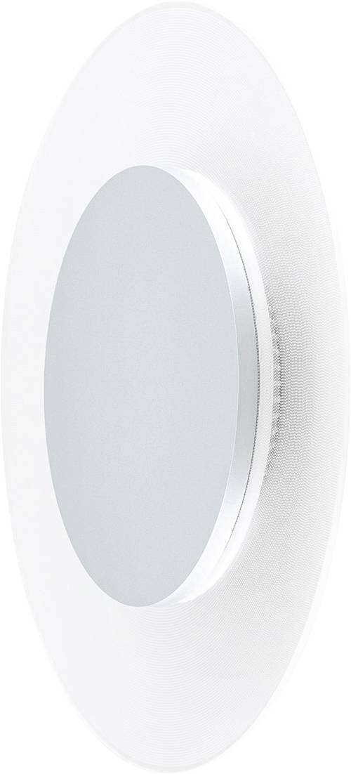 Weiße, runde LED-Deckenleuchte mit silberner Mitte und abstrahlendem Licht. Minimalistisches Design für moderne Innenräume.