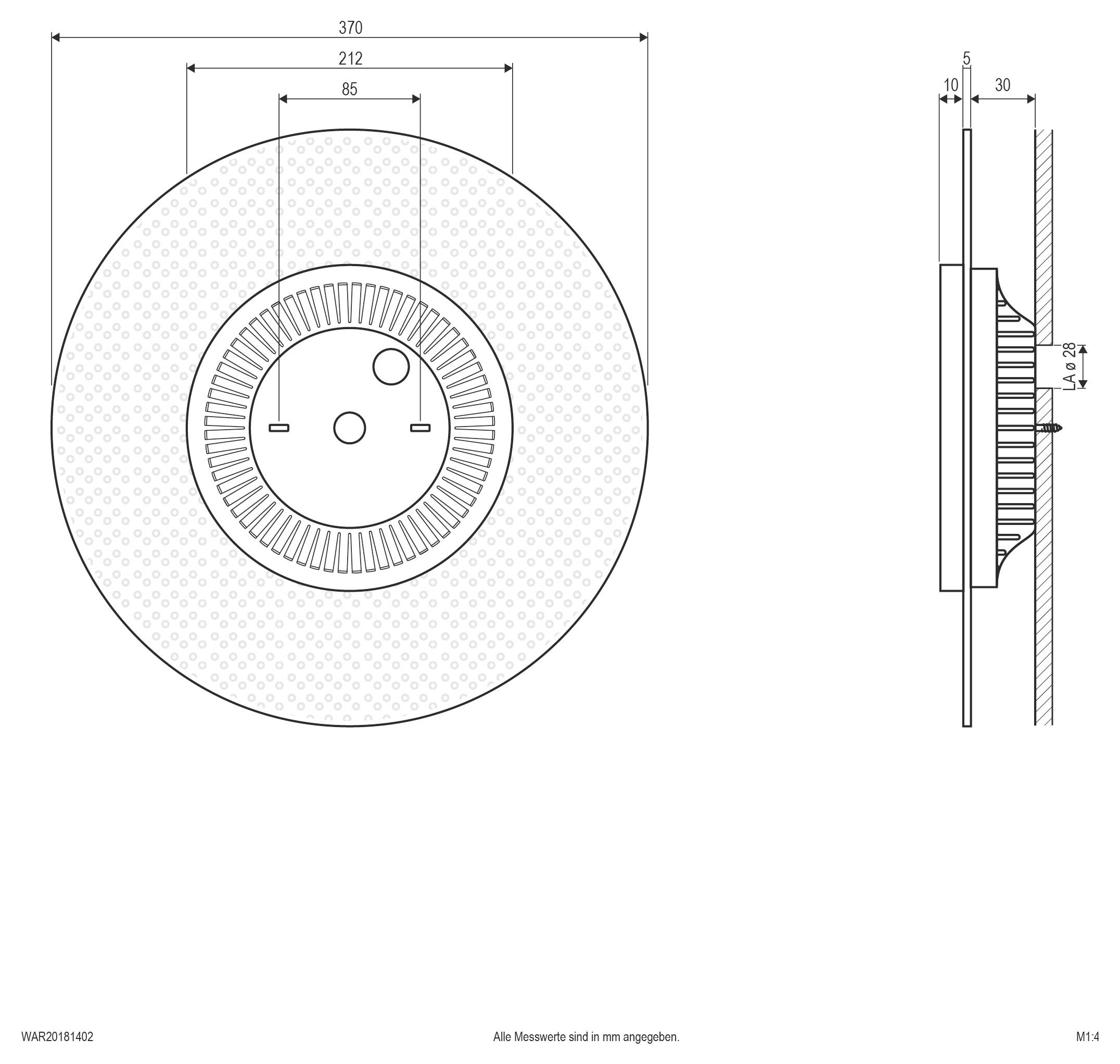 Technische Zeichnung eines kreisförmigen mechanischen Bauteils, dargestellt in Vorder- und Seitenansicht mit Abmessungen 370, 212, 85 und 30 mm.