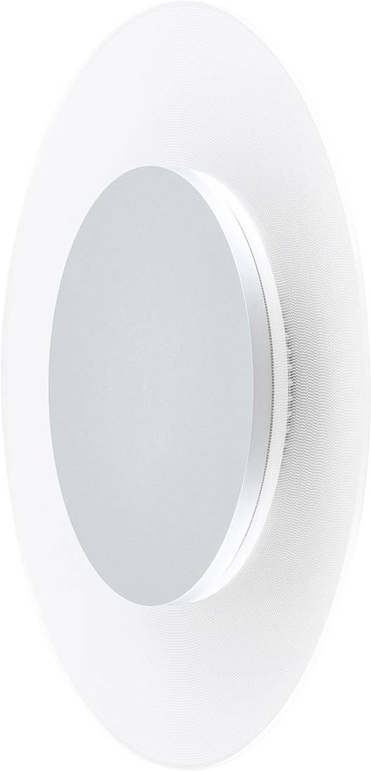 Nahaufnahme eines weißen, an der Wand montierten Rundgeräts mit großer flacher grauer Mitte und dünnem Seitenring, gezeigt auf weißem Hintergrund.