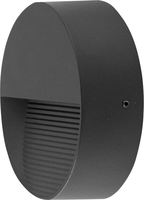 Schwarze, ovale Wandlampe mit Rippenstruktur im unteren Bereich, geometrisch modernes Design.