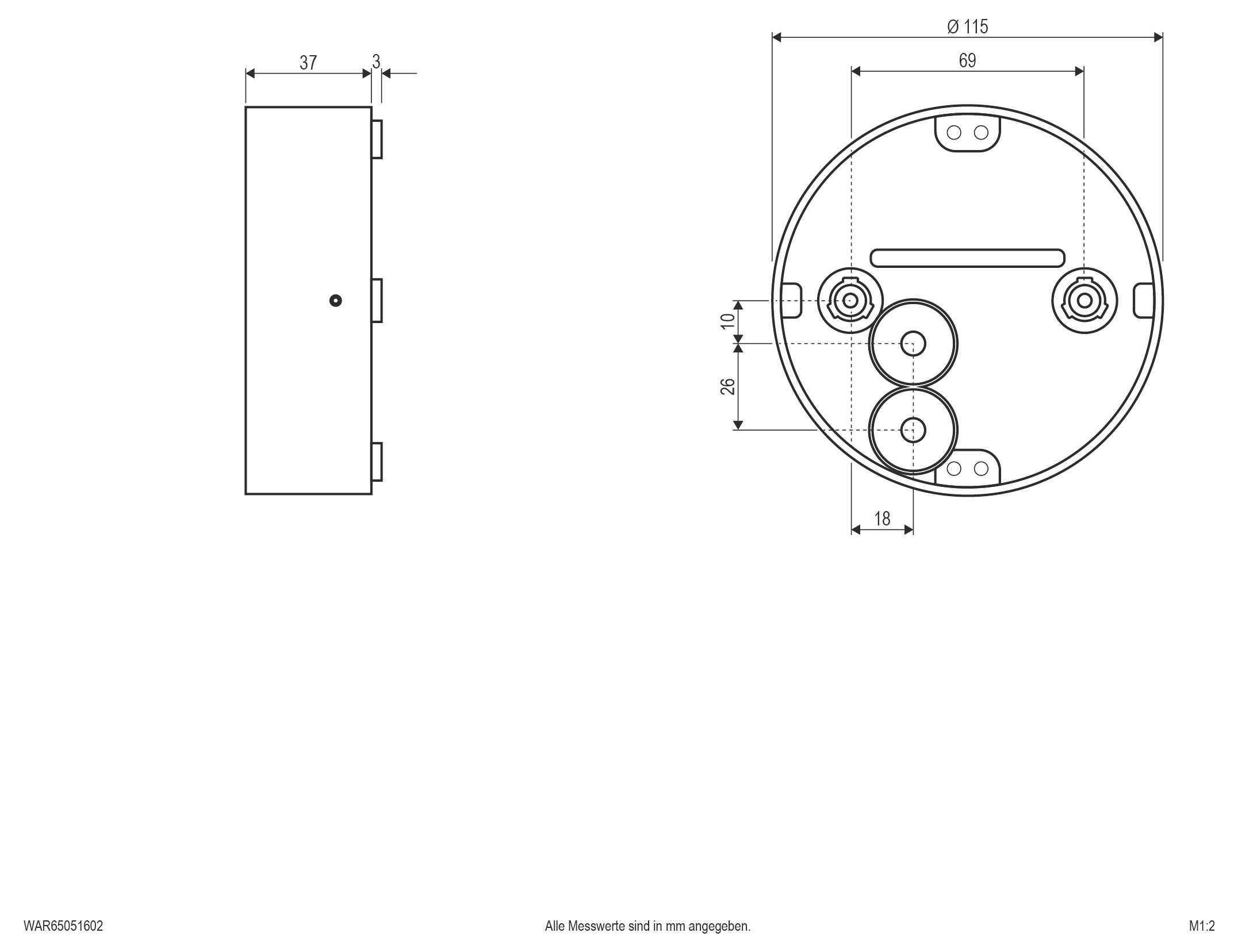 Technische Zeichnung eines kreisförmigen Gerätegehäuses mit Seiten- und Vorderansicht, showing Abmessungen wie 115 mm Durchmesser und 37 mm Tiefe.