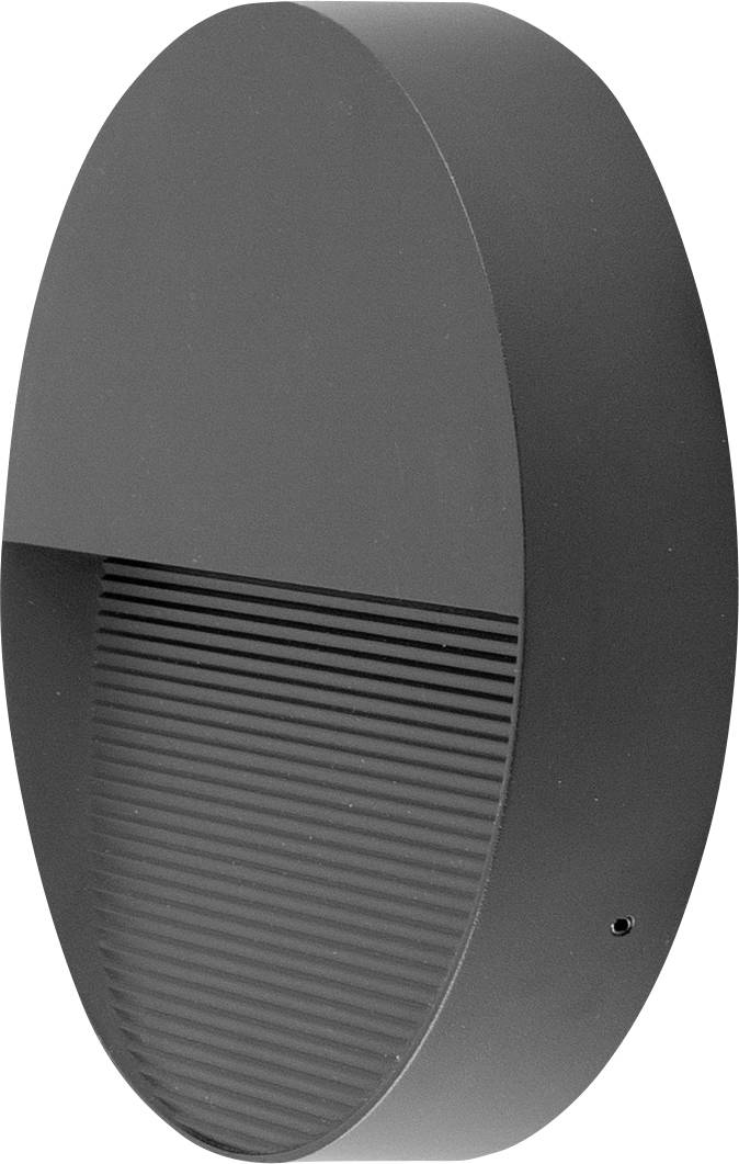 Eine moderne graue ovale Wandleuchte mit einer gerippten unteren Platte und einem kleinen sichtbaren Befestigungsloch an der Seite.