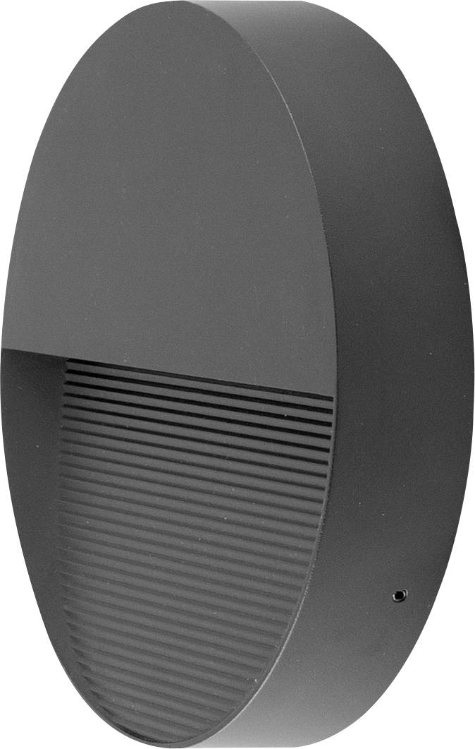 Ein schwarzes, ovales Wandlicht mit geriffeltem unteren Bereich, das modernes Design ergänzt.