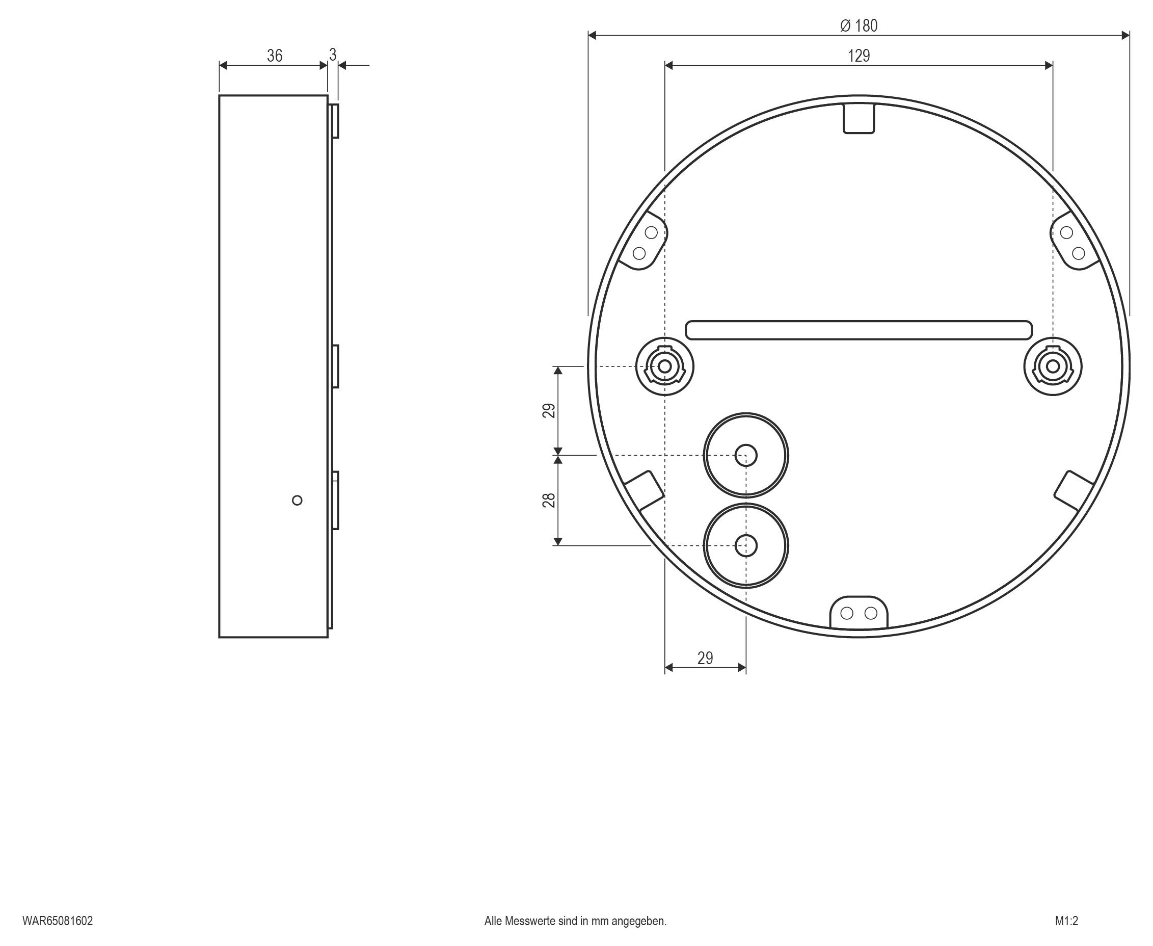 Technische Zeichnung eines kreisförmigen Geräts mit Vorder- und Seitenansicht mit Durchmesser- und Komponenten-Messwerten in Millimetern gekennzeichnet.