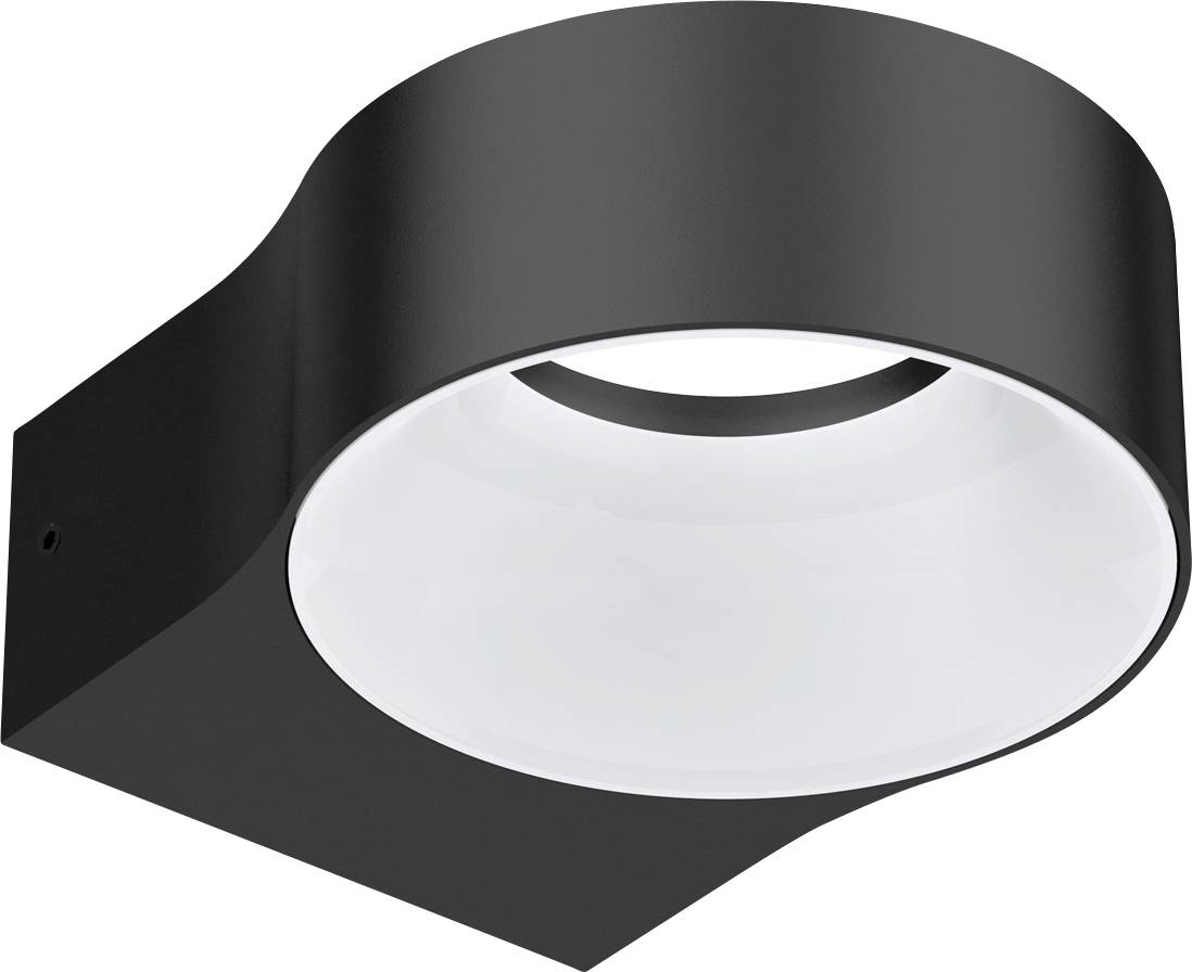 Schwarze runde Wandleuchte aus Metall mit weißem Diffusor, geeignet für moderne Innenräume.