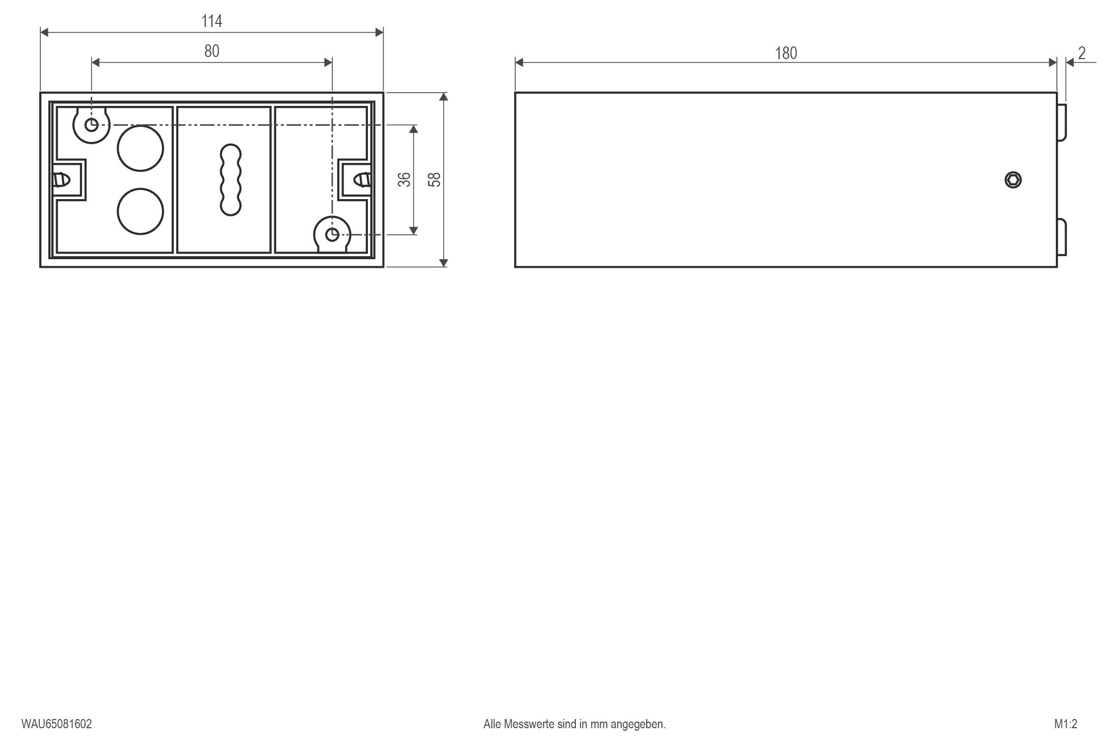 Technische Maßstabzeichnung eines rechteckigen Elektroschranks mit Draufsicht und Seitenansicht mit Abmessungen 114 x 58 und Länge 180.