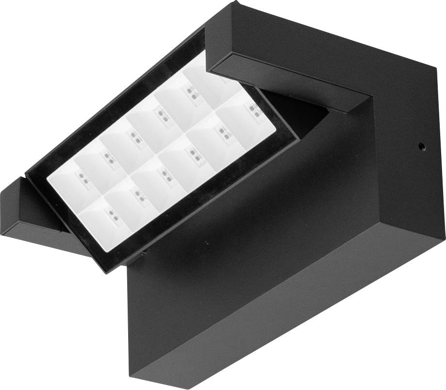 Schwarze rechteckige Wandleuchte mit geneigtem LED-Panel, auf weißem Hintergrund dargestellt.