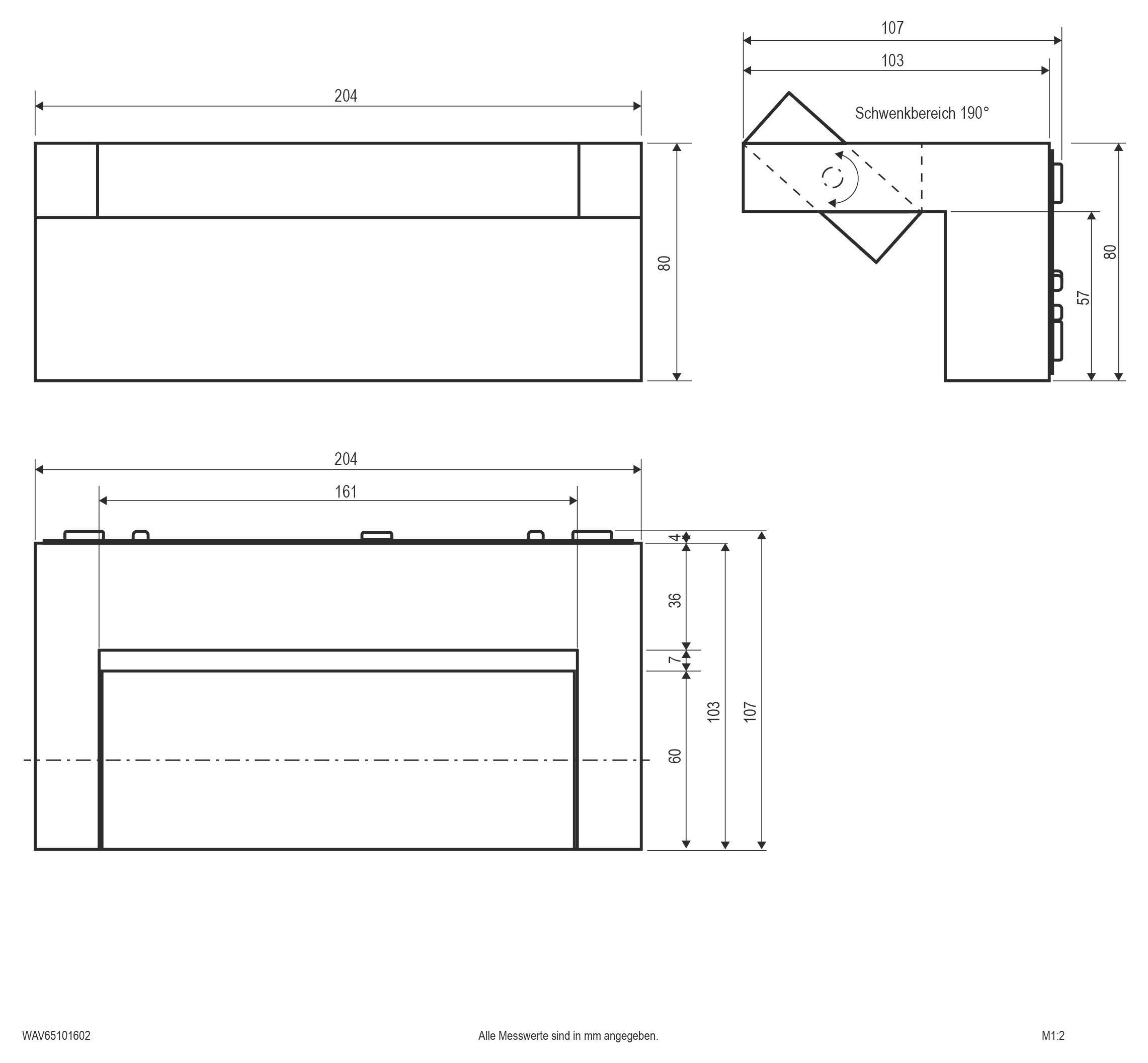 Technische Maßstabszeichnung einer Liegebankkomponente mit Vorder-, Seiten- und Draufsicht; beschriftet mit „Schwenkbereich 190°