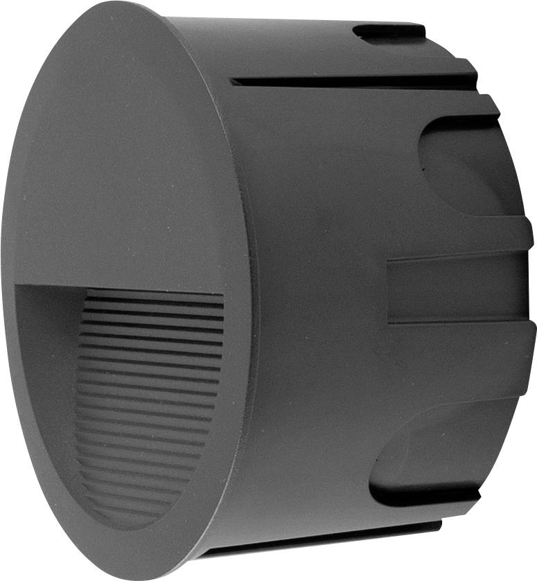 Schwarzes, zylinderförmiges Kunststoffbauteil mit strukturierten Einschnitten und glatter Oberfläche, möglicherweise ein technisches Teil.