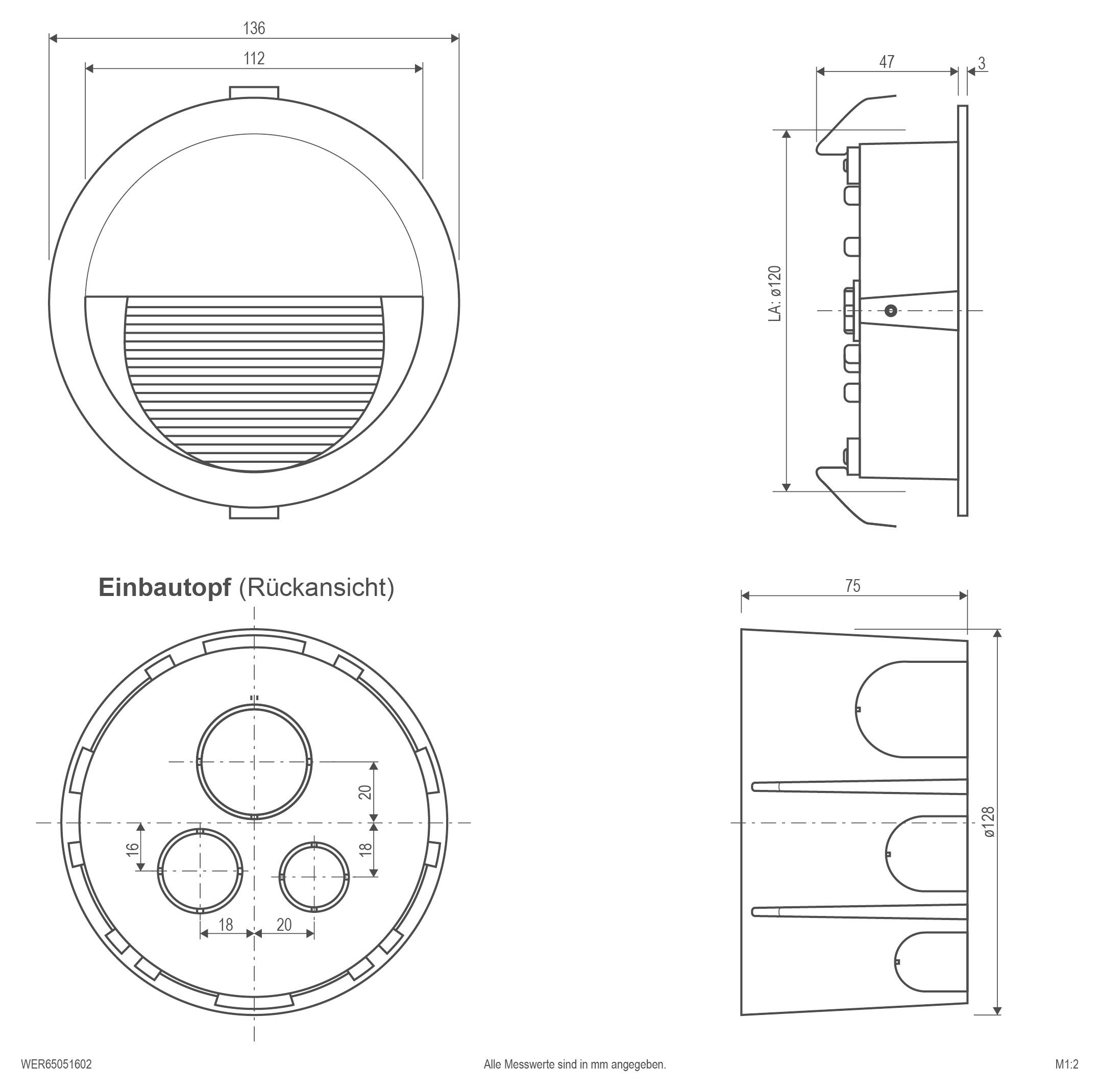 Technische Zeichnung einer kreisförmigen Einbauarmatur mit Vorder-, Seiten- und Rückansicht, zeigt Abmessungen und Montageobjekte.