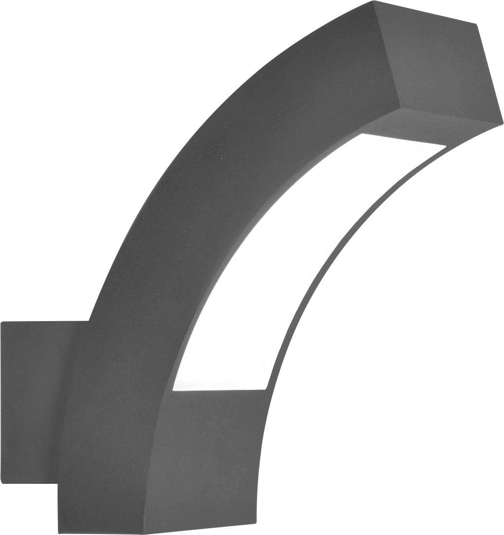 Kurvenförmige Wandlampe mit modernem Design, bestehend aus einem dunklen Metallrahmen und einem weißen Lichtpaneel.