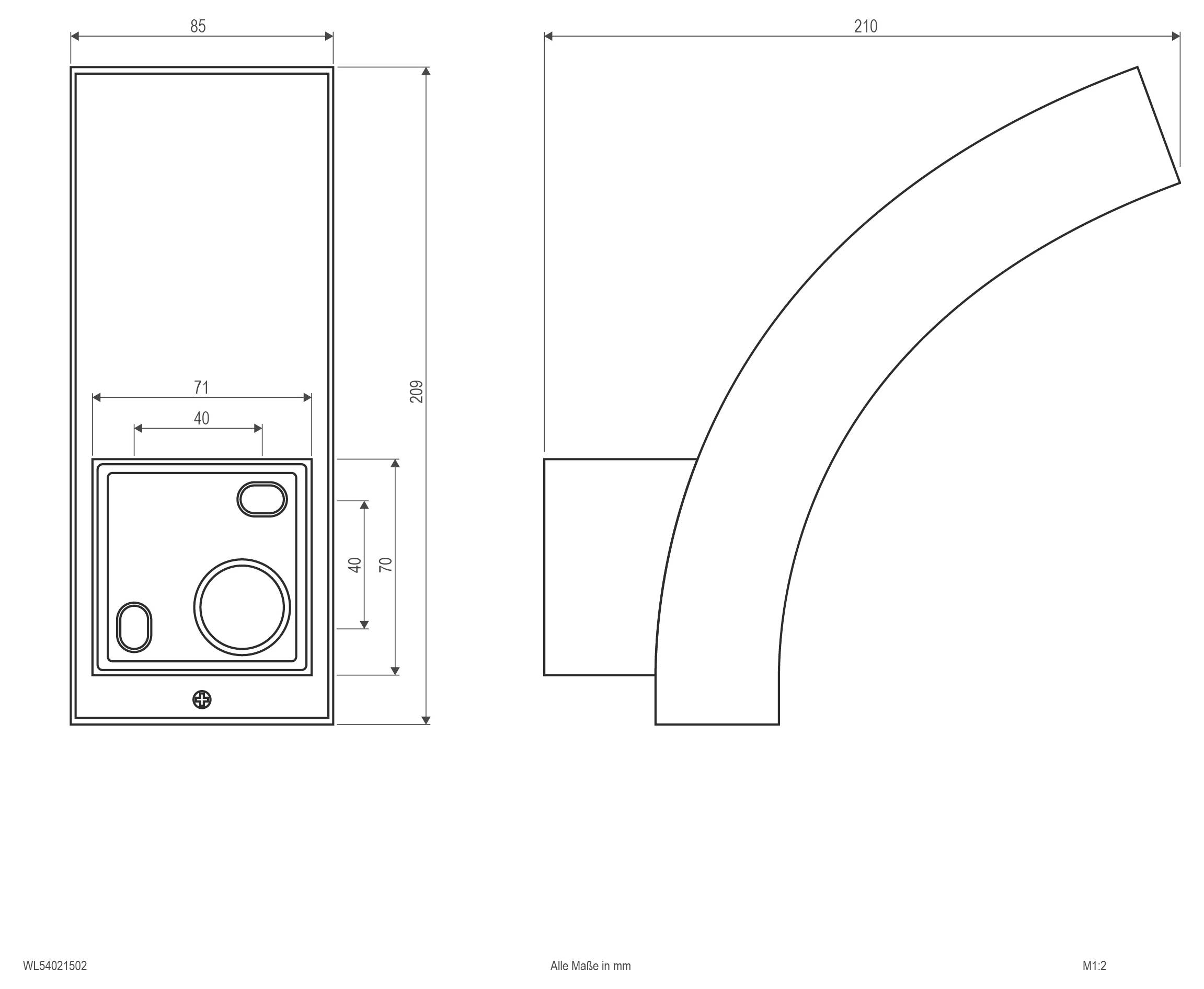 Technische Zeichnung eines gekrümmten rechteckigen Rohrkrümmers mit quadratischer Öffnung, dargestellt in Vorder- und Seitenansicht mit Abmessungen in Millimetern.