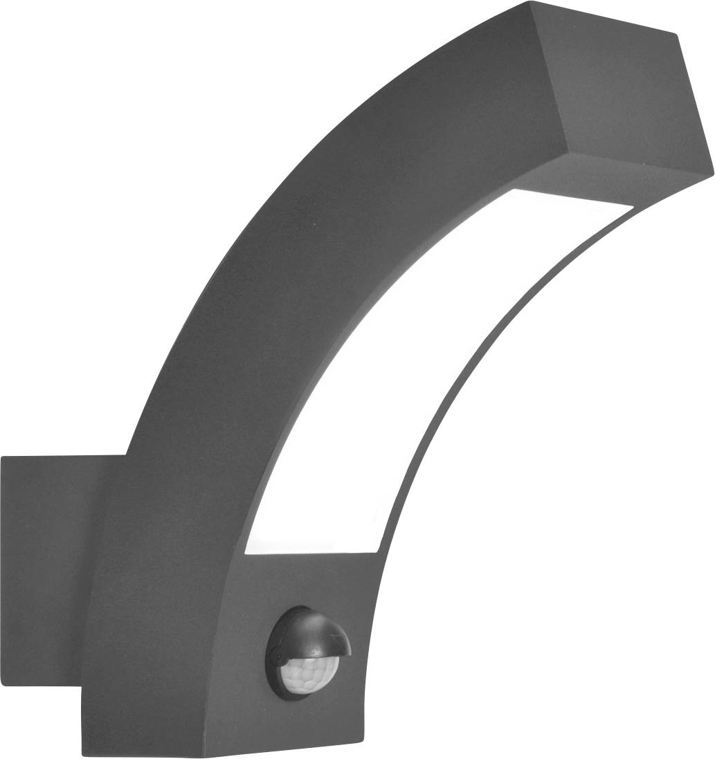 Dunkelgraues geschwungenes Außenwandleuchten-Gehäuse mit einem kleinen Bewegungsmelder in der Nähe der Basis auf weißem Hintergrund.