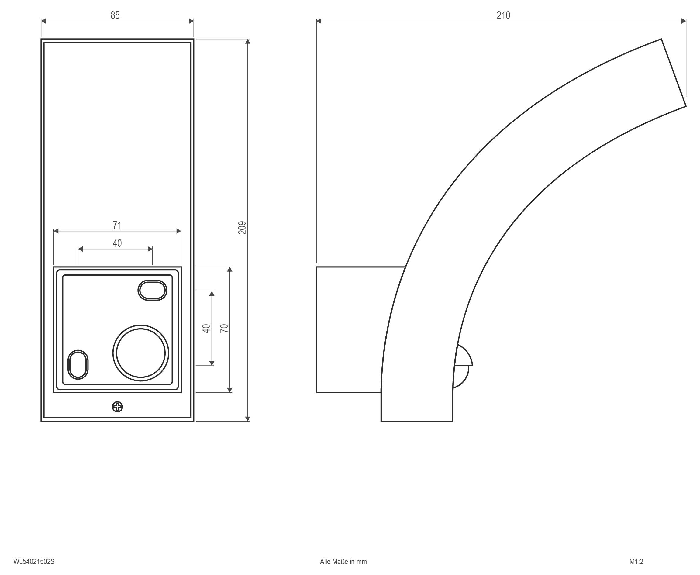 Technische Zeichnung einer wandmontierten gekrümmten Befestigung, dargestellt in Vorder- und Seitenansicht mit Bemaßungslinien in Millimetern.