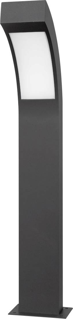 Schwarze, moderne Außenstehleuchte mit gebogenem Gehäuse und rechteckigem Leuchtbereich oben, für Garten- oder Wegbeleuchtung.