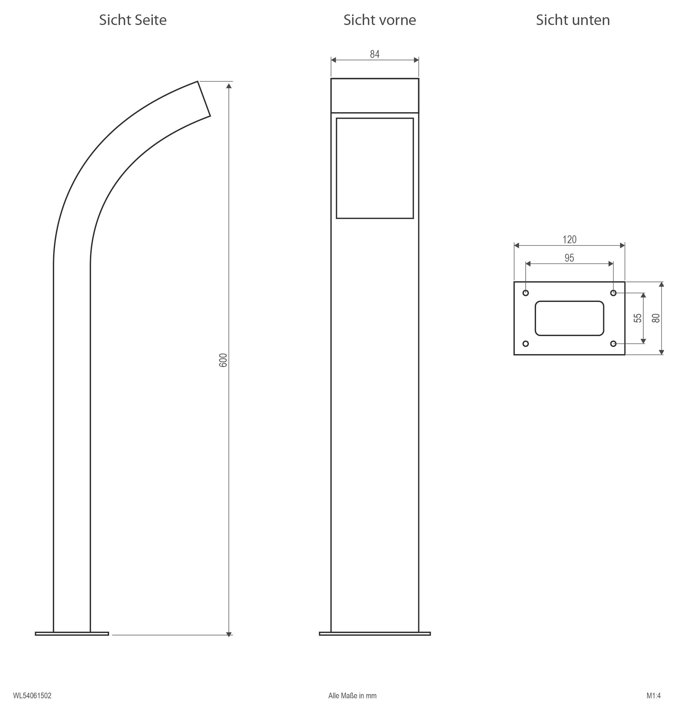 Technische Zeichnung mit Seiten-, Vorder- und Bodenansicht eines gekrümmten Pfosten mit Abmessungen 860 mm Höhe, 84 mm Breite und Grundplatte 120 x 80 mm.