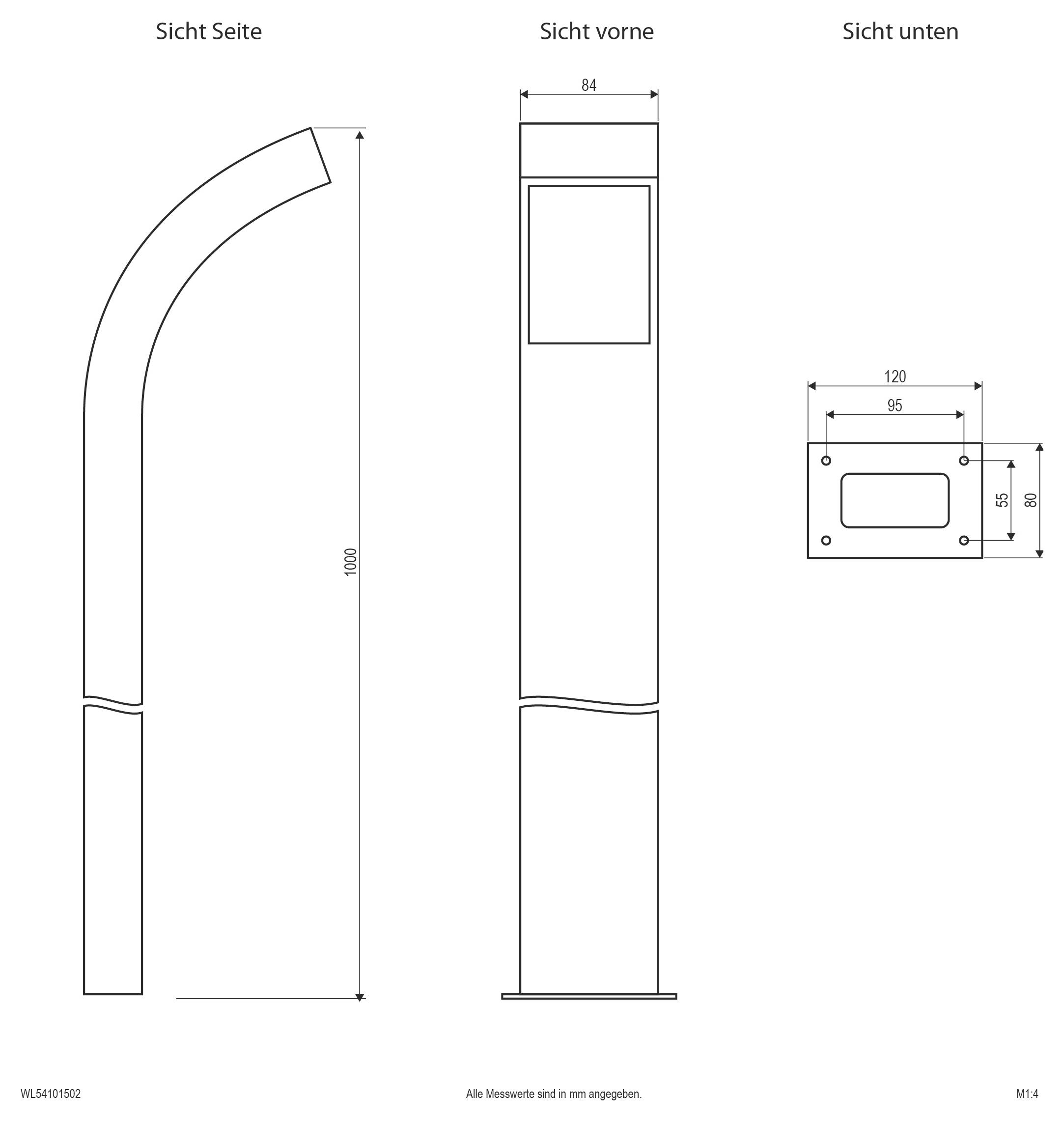 Technische Zeichnung eines gekrümmten Pfosten oder einer Stange, dargestellt in Seiten-, Vorder- und Bodenansicht mit Abmessungen, einschließlich einer Höhe von 1000 mm und einer Basis von 120 x 80 mm.