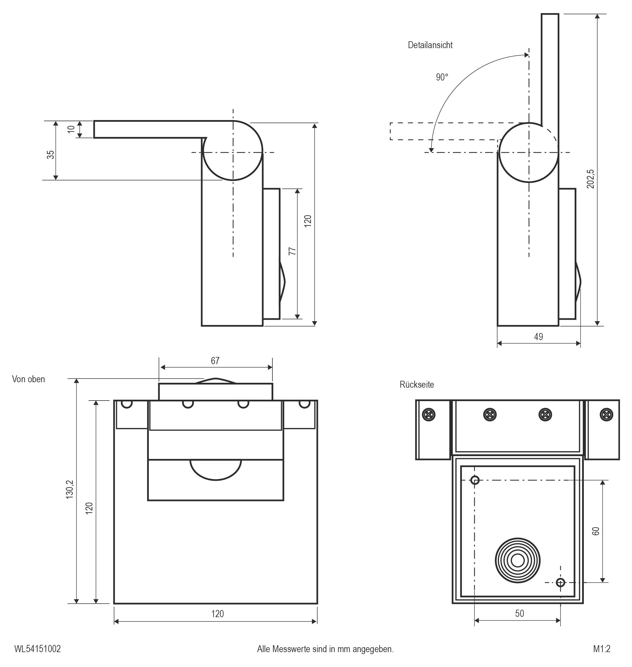 Technische Maßstabzeichnung einer rechteckigen Scharnier-/Verschlussbaugruppe, dargestellt in Seiten-, gedrehter Seiten-, Draufsicht und Rückansicht mit Abmessungen in Millimetern.