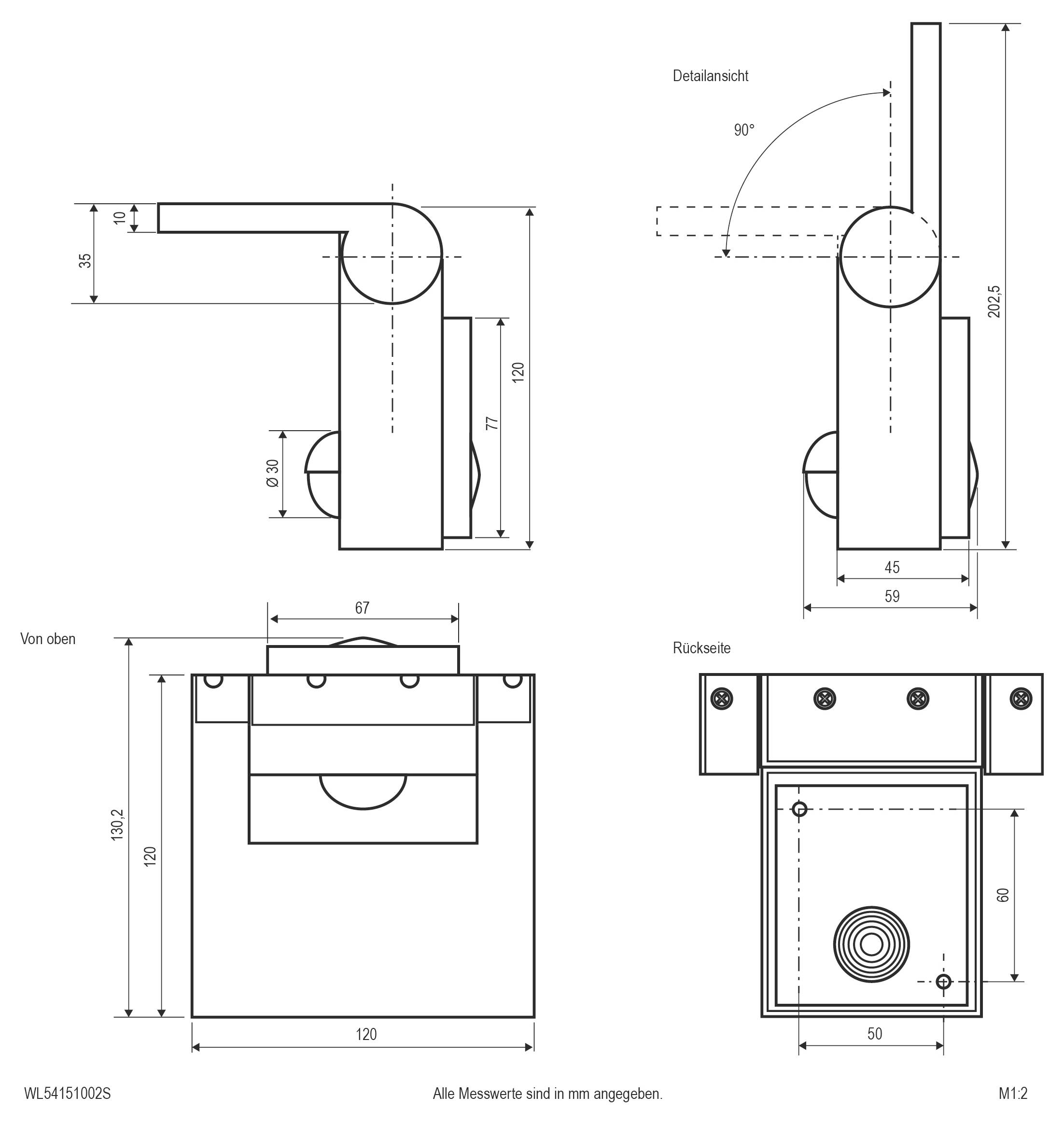 Technische Maßzeichnung eines Schloss- oder Verriegelungsmechanismus in vier Ansichten, die Seiten-, gedrehte Seiten-, Draufsichts- und Rückansichtsdimensionen in Millimetern zeigen.