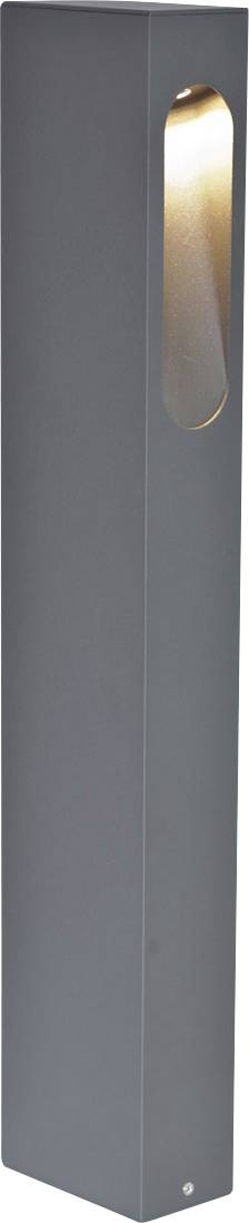 Moderne, rechteckige Außenleuchte in Grau mit einem schmalen Fenster, das warmes Licht ausstrahlt. Ideal für Gartenwege.