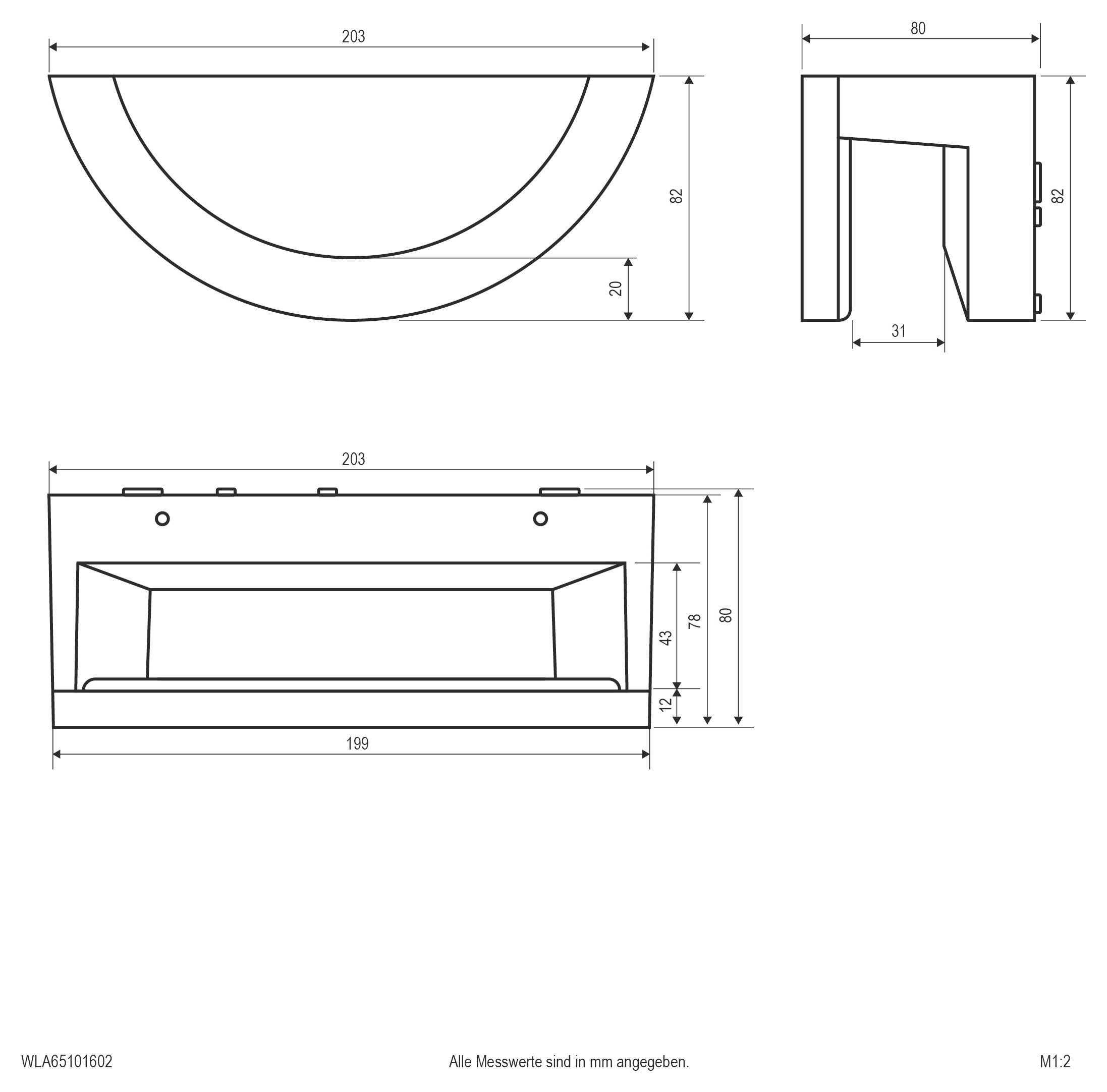Technische Zeichnung einer runden bündigen LED-Einbauleuchte mit Seiten- und Frontansichten, beschrifteten Abmessungen in Millimetern und einem separaten Treiberkomponentendiagramm.