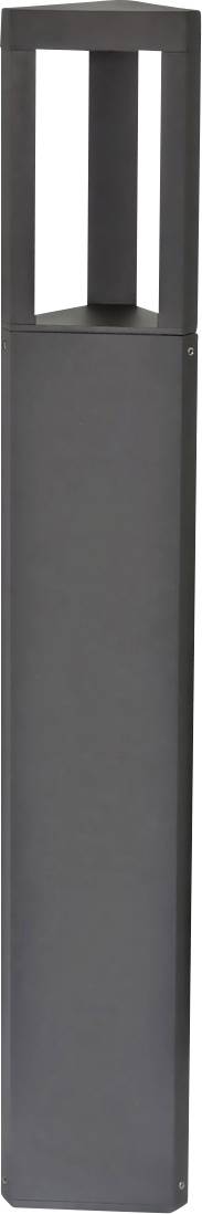 Eine moderne, graue Außenleuchte mit einem hohen, schlanken, rechteckigen Design und einem offenen oberen Teil für Lichtabstrahlung.