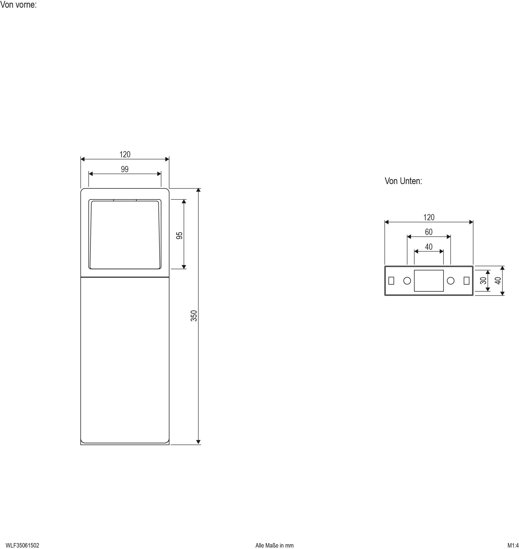 Technische Zeichnung eines rechteckigen Geräts mit Maßen in Millimetern: 500 mm hoch, 120 mm breit, 90 mm tief. Draufsicht und Frontansicht.