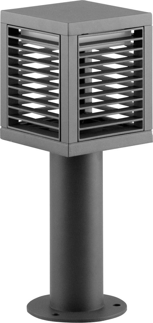Eine moderne, schwarze Gartenleuchte mit Lamellen-Design auf einem kurzen Standfuß. Ideal zur Beleuchtung im Freien.